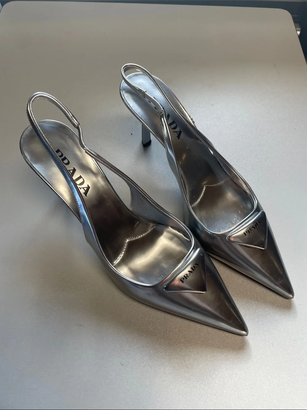 PRADA Women's Metallic Leather Slingback Pumps Size US 9.5 In Argento - Picture 1 of 10